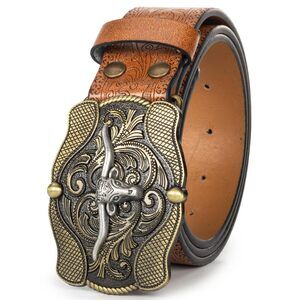 2196 Western-cowboy-leather-belts- Bull-head-embossed-country-belts